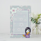 Cute Geisha Paars en Blue Cherry Blossom gelijnd Briefpapier (Staand voorkant)