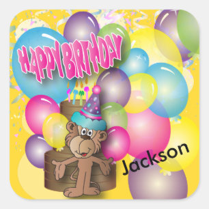 Cute Gekke Monkey Yellow Birthday Party Vierkante Sticker