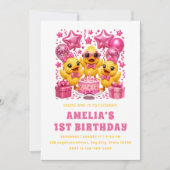 Cute Gele Eendjes & Roze Ballonnen Feest Kaart (Voorkant)