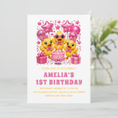 Cute Gele Eendjes & Roze Ballonnen Feest Kaart (Staand voorkant)