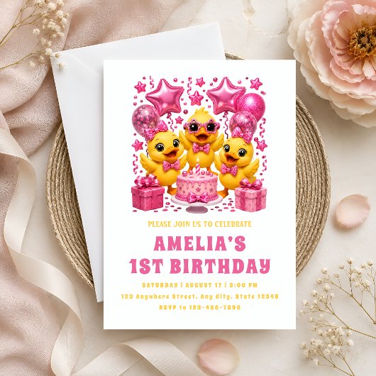 Cute Gele Eendjes & Roze Ballonnen Feest Kaart