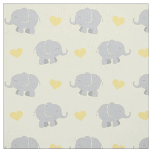 Cute Gele en Grijze Olifanten en Hartjes Patroon Stof