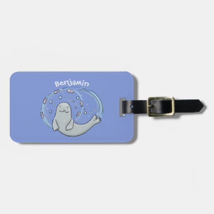 Cute gelukkige zeehond en vis blauwe cartoon illus bagagelabel