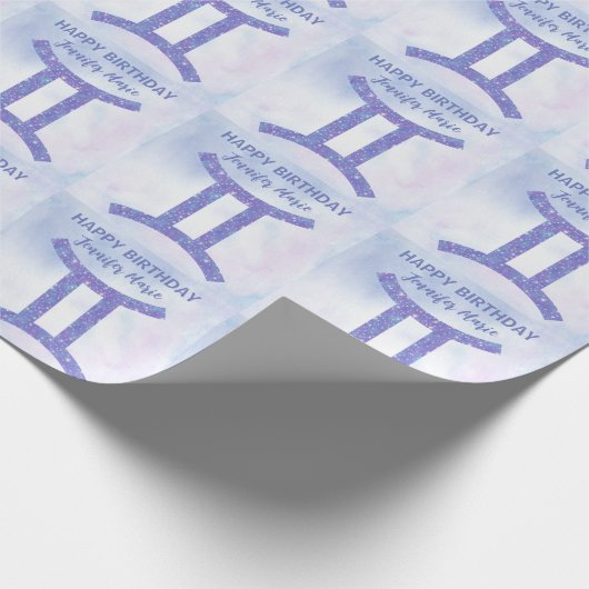 Cute Gemini Sign Custom Paars Happy Birthday Cadeaupapier (Hoek)