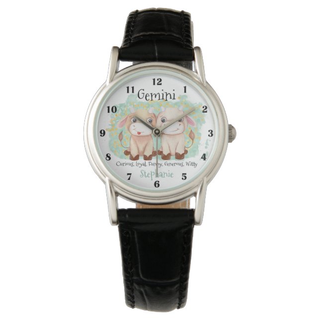 Cute Gemini Twins Waterverf Bull Zodiac Monogram Horloge (Voorkant)