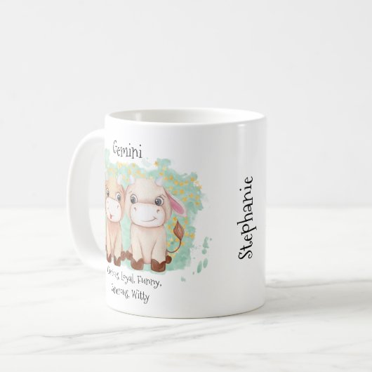 Cute Gemini Twins Waterverf Bull Zodiac Monogram Koffiemok (Voorkant links)