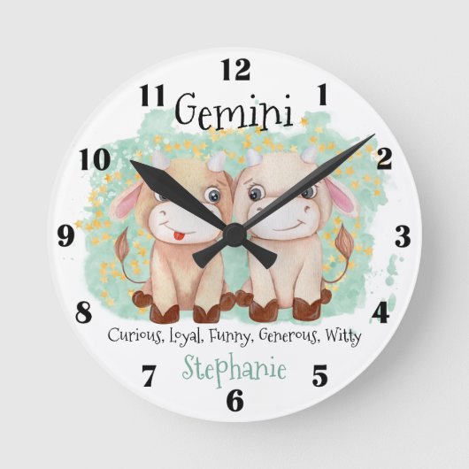 Cute Gemini Twins Waterverf Bull Zodiac Monogram Ronde Klok (Voorkant)