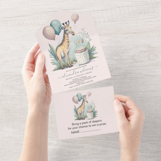 Cute Gender Neutral Giraffe Baby shower All In One Uitnodiging (Afscheurbaar)