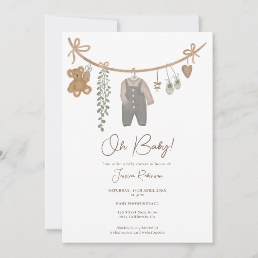 Cute gender-neutrale kledinglijn boho baby shower kaart (Voorkant)