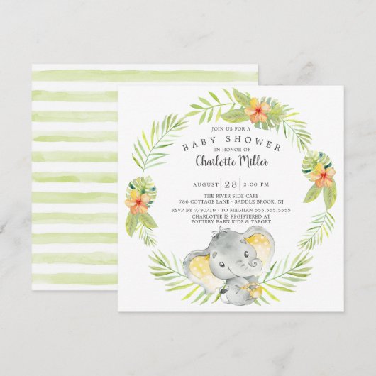 Cute Gender Neutrale Oerwoud Elephant Baby shower Kaart (Voorkant / Achterkant)