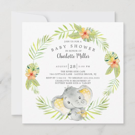 Cute Gender Neutrale Oerwoud Elephant Baby shower Kaart (Voorkant)
