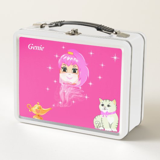 Cute genie, magische lamp, kat & sterren op roze (Voorkant)