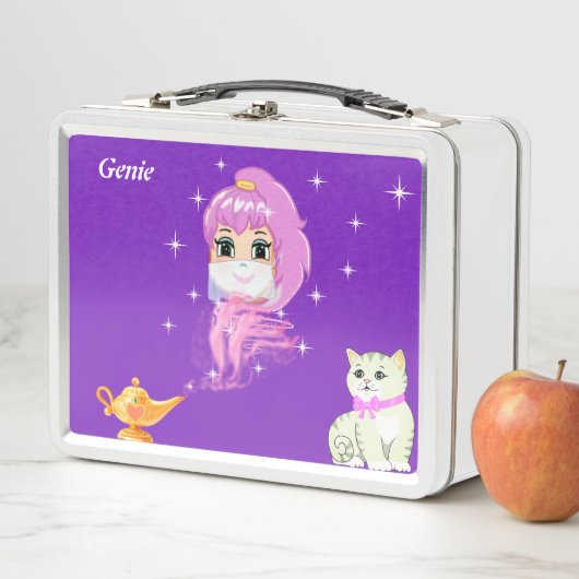 Cute genie, magische lamp, kat & sterren op violet (In situ)