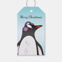 Cute Gentoo Penguin die de oorbescherming op blauw Cadeaulabel
