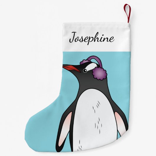 Cute Gentoo Penguin die de oorbescherming op blauw Kleine Kerstsok (Achterkant)