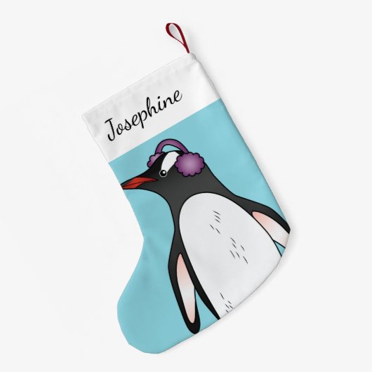 Cute Gentoo Penguin die de oorbescherming op blauw Kleine Kerstsok (Achterkant (Hangend))