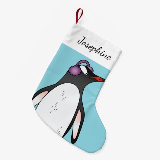 Cute Gentoo Penguin die de oorbescherming op blauw Kleine Kerstsok (Voorkant (Hangend))