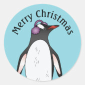 Cute Gentoo Penguin die de oorbescherming op blauw Ronde Sticker (Voorkant)