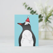 Cute Gentoo Penguin die een kersthat op blauw heef Briefkaart (Staand voorkant)