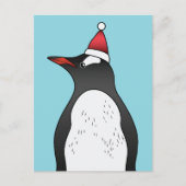 Cute Gentoo Penguin die een kersthat op blauw heef Briefkaart (Voorkant)