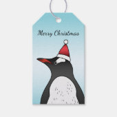 Cute Gentoo Penguin die een kersthat op blauw heef Cadeaulabel (Voorkant)