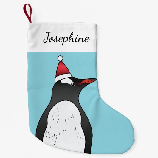 Cute Gentoo Penguin die een kersthat op blauw heef Kleine Kerstsok (Voorkant)