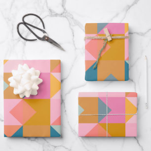 Cute Geometric Pattern in Blauwgroen Roze and Yell Inpakpapier Vel