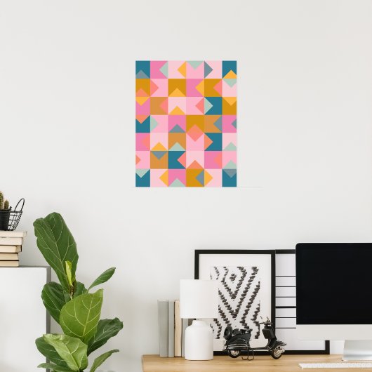 Cute Geometric Pattern in Blauwgroen Roze and Yell Poster (Thuiskantoor)