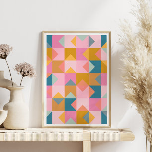 Cute Geometric Pattern in Blauwgroen Roze and Yell Poster