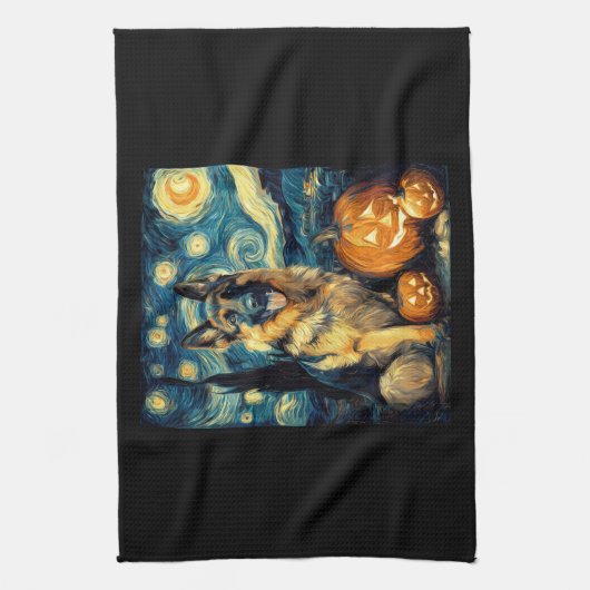 Cute German Shepherd Dog Halloween Jack O Lantern  Theedoek (Verticaal)