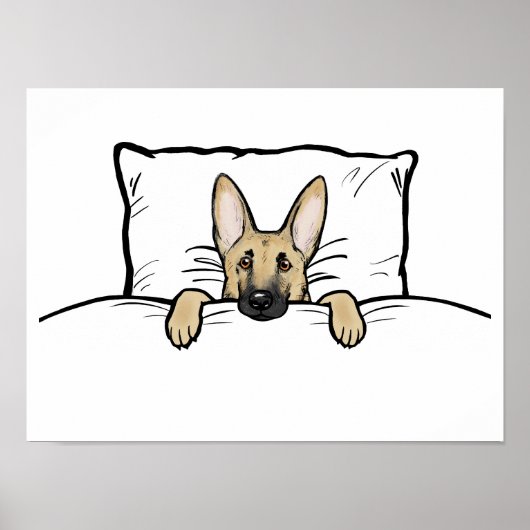Cute German Shepherd Dog Tucked in Bed Poster (Voorkant)