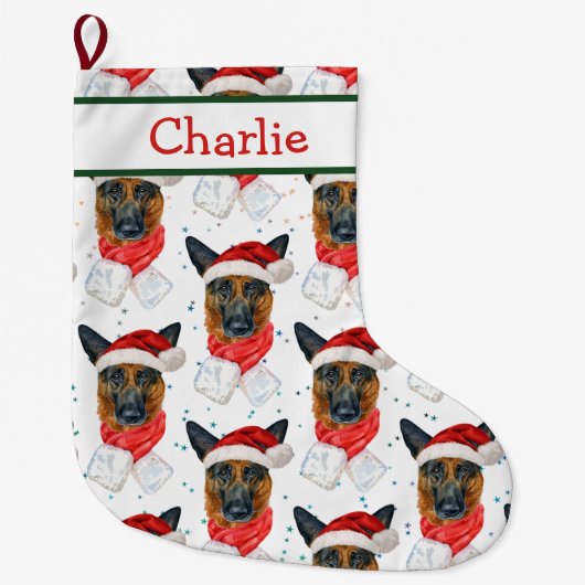 Cute German Shepherd Pattern Dog's Name Grote Kerstsok (Voorkant)