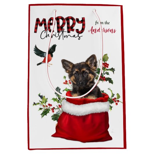 Cute German Shepherd Puppy Dog Kerstmis Medium Cadeauzakje (Voorkant)