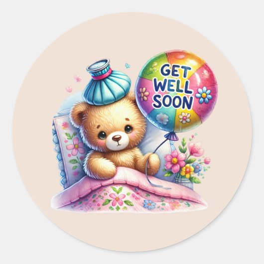 Cute get well soon bear ronde sticker (Voorkant)