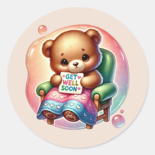 Cute get well soon bear ronde sticker (Voorkant)