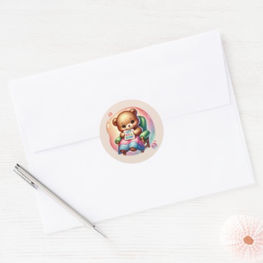 Cute get well soon bear ronde sticker (Envelop)