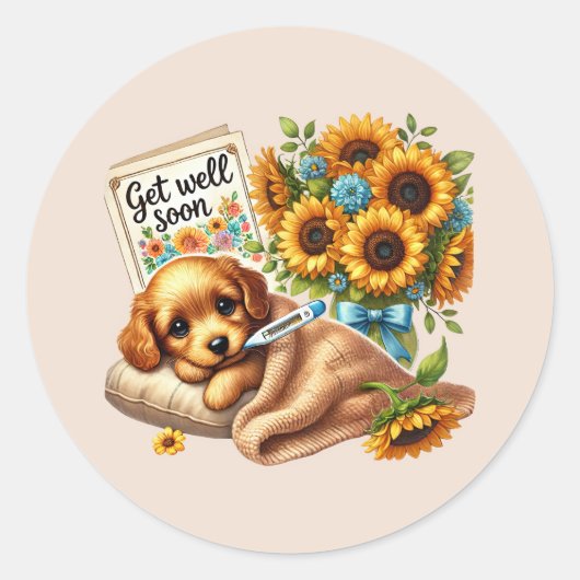 Cute get well soon puppy  ronde sticker (Voorkant)