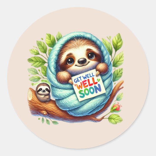 Cute get well soon sloth ronde sticker (Voorkant)