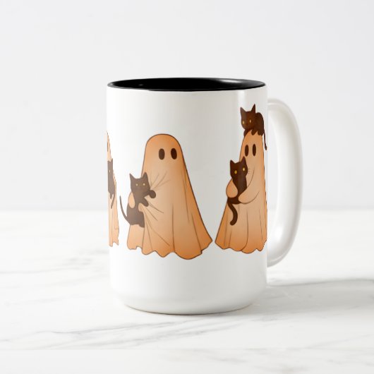 Cute Ghost and Black Cat Halloween Mug Tweekleurige Koffiemok (Voorkant rechts)