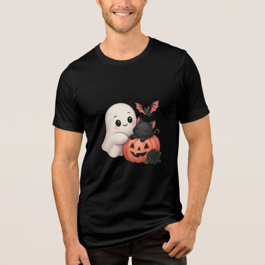 Cute Ghost and Cat With Pumpkin Tri-Blend Shirt (Voorkant)