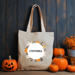 Cute Ghost Bat Cat Halloween Waterverf Wreate Tote Bag