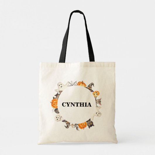 Cute Ghost Bat Cat Halloween Waterverf Wreate Tote Bag (Achterkant)