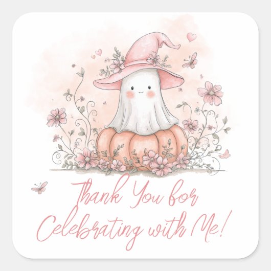 Cute Ghost Birthday Thank You Vierkante Sticker (Voorkant)
