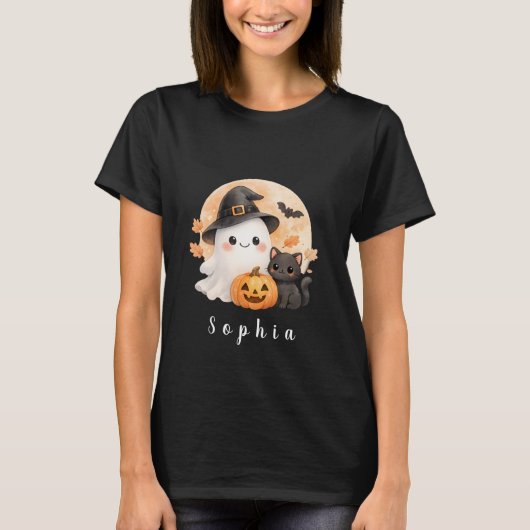 Cute Ghost & Black Cat Halloween Women's T-Shirt (Voorkant)