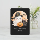 Cute Ghost & Black Cat Happy Halloween Card Kaart (Staand voorkant)