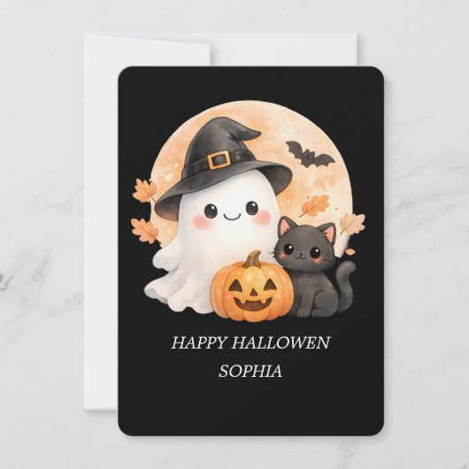 Cute Ghost & Black Cat Happy Halloween Card Kaart (Voorkant)
