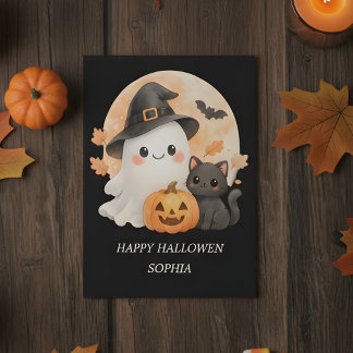 Cute Ghost & Black Cat Happy Halloween Card Kaart