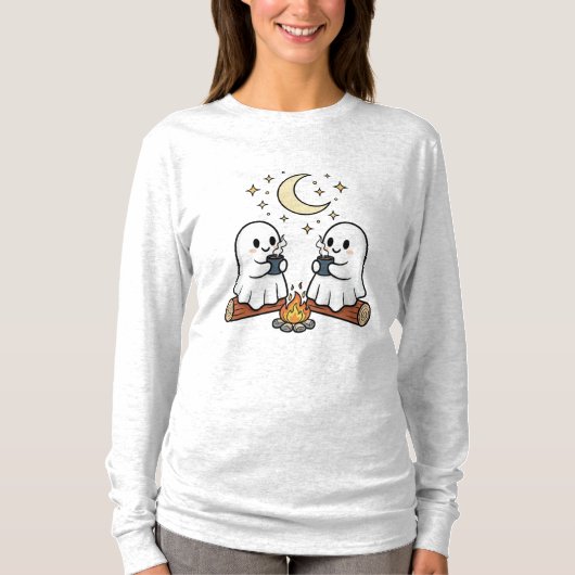 Cute Ghost Campfire Cozy Halloween Long Sleeve Tee T-shirt (Voorkant)