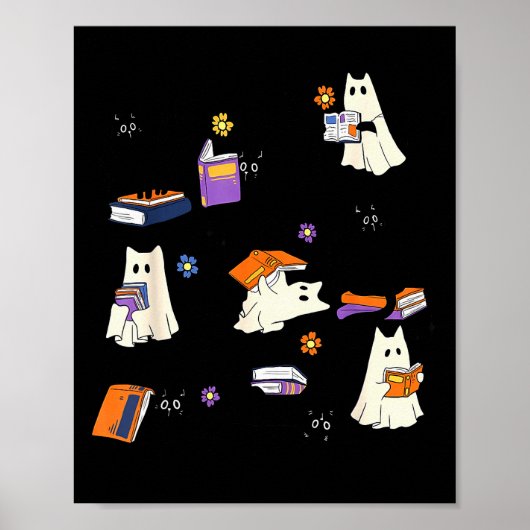Cute Ghost Cat Reading Books Lover Bookish Hallowe Poster (Voorkant)
