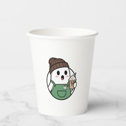 Cute Ghost Coffee Paper Cup – Funny Cartoon Dispos Papieren Bekers (Voorkant)